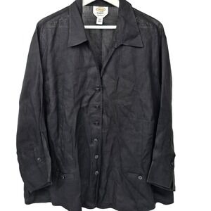 Talbots Woman Irish Linen Black Button Front Top 24W Plus Relaxed Minimalist